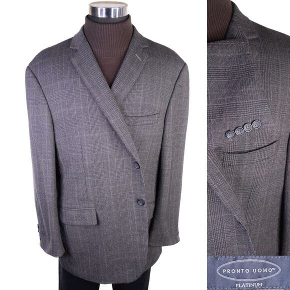 Pronto Uomo Men's Sport Coat Blazer Jacket Two Button Plaid Brown Wool 50R EUC - Picture 1 of 13